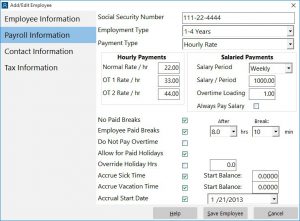 The employee payroll information screen