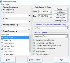 The Time Clock MTS report configuration screen