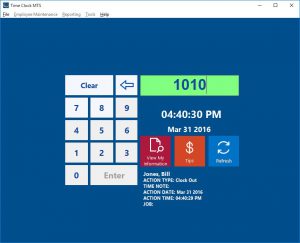 The keypad interface in Time Clock MTS