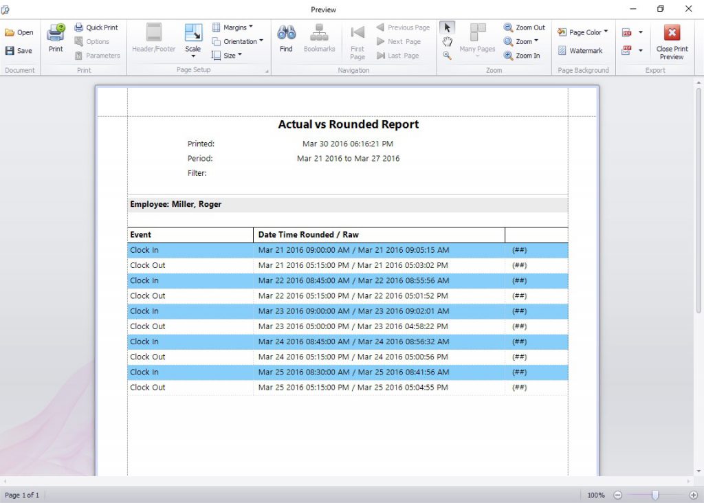 A report showing actual clock in/out times versus the rounded times