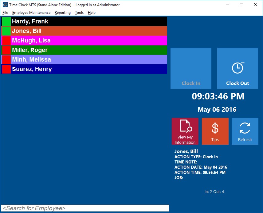 Time Clock MTS Employee List with Highlighted Employees